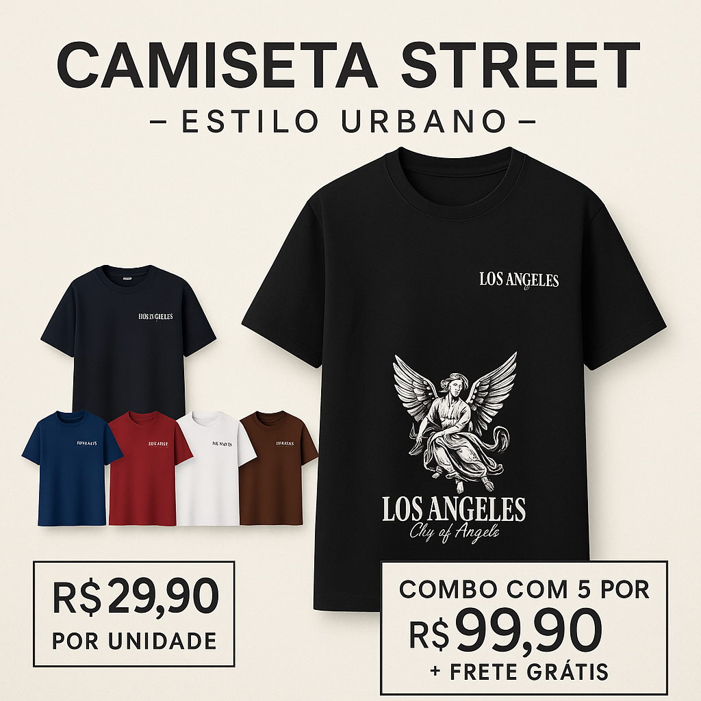 Camiseta Masculina Algodão no Estilo Urbano Streetwear City Of Los Angeles