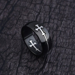 Anel Titânio Preto Cruz Prata Religiosa Luxo
