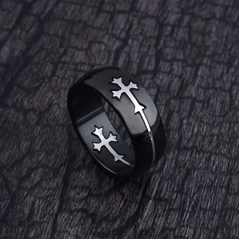 Anel Titânio Preto Cruz Prata Religiosa Luxo