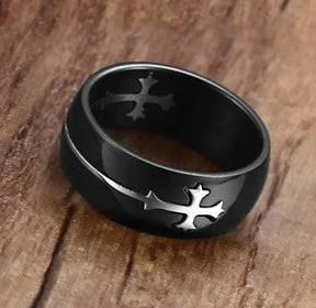 Anel Titânio Preto Cruz Prata Religiosa Luxo