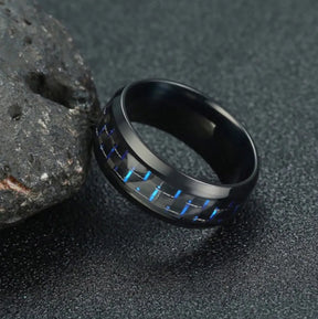 Anel Tungstenio Preta com Fibra De Carbono Azul
