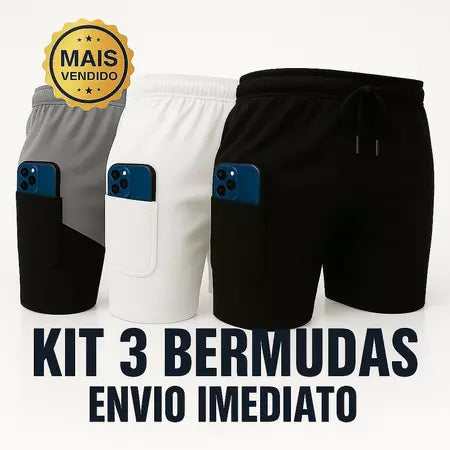 Kit 3 Shorts 2 em 1  Dry Masculino Corrida e Academia com Forro de Compressão