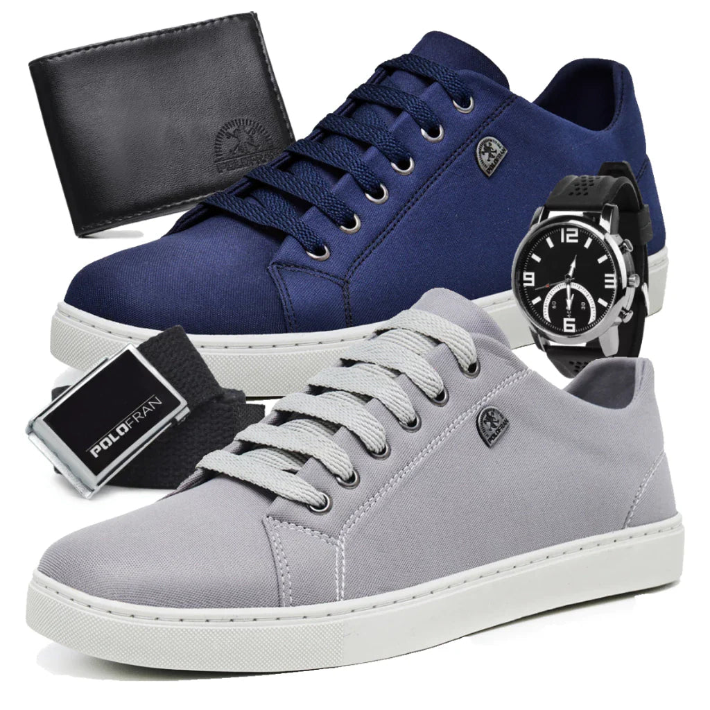 Kit 2 Tênis Masculino Polo Fran Sapatênis Básico Casual Com Carteira Cinto e Relógio London