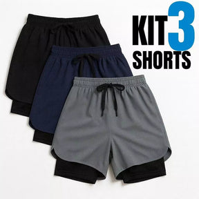 Kit 3 Shorts 2 em 1  Dry Masculino Corrida e Academia com Forro de Compressão
