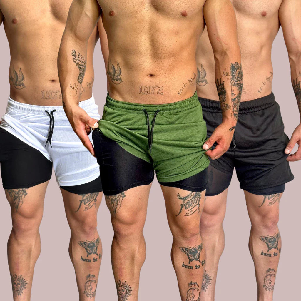 KIT 3 Shorts 2 em 1 Bermuda Compressão Masculino Dry Fit Elastano Academia Treino Original Bordbless